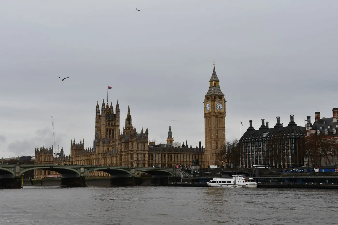 Big Ben, the Houses of Parliament and Westminster Bridge over the River Thames in London