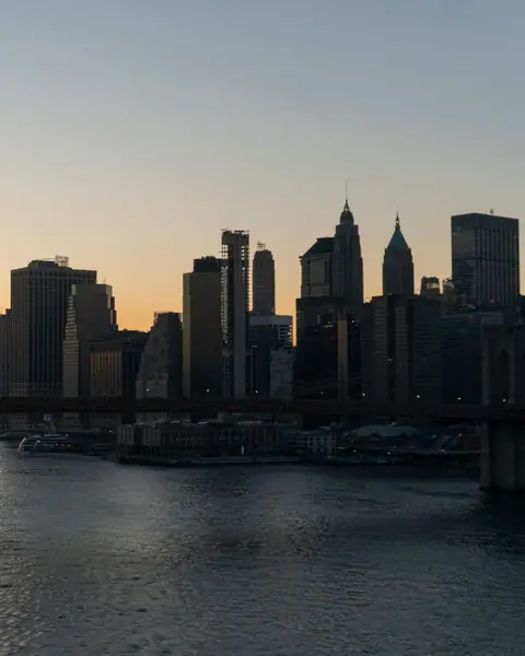 Manhattan skyline and Brooklyn Bridge in New York at sunset